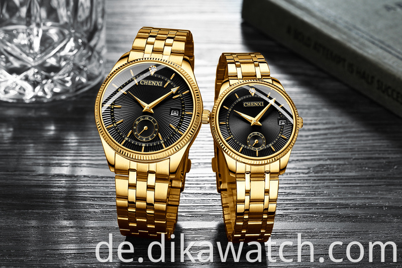 Hot 069 CHENXI All Gold Paar Uhr Mode Einfache und schöne Kalender Quarzuhr